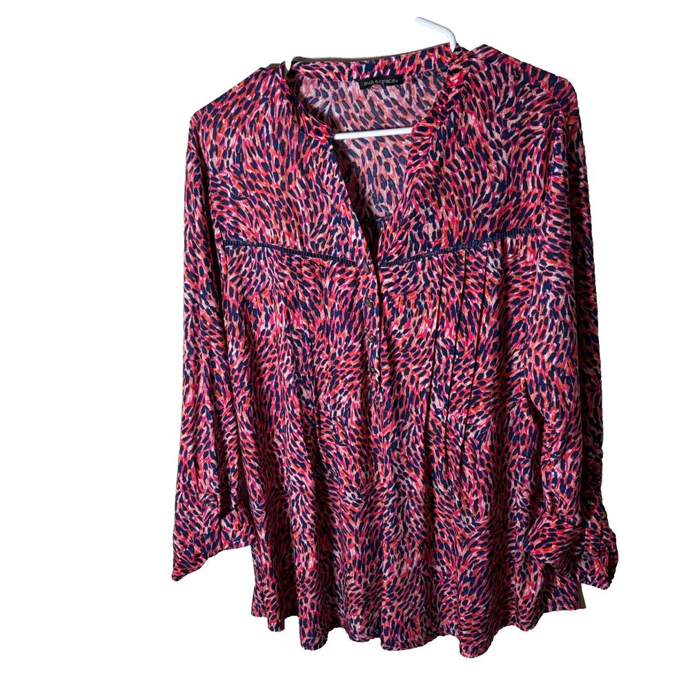 Ava & Grace Blouse Women's L/XL Pink Purple V-Neck Career Shirt Top 3/4 Sleeve